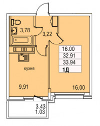 Однокомнатная квартира 33.94 м²