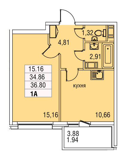 Однокомнатная квартира 36.8 м²