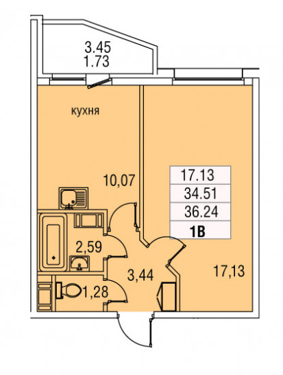 Однокомнатная квартира 36.24 м²