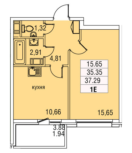 Однокомнатная квартира 37.29 м²