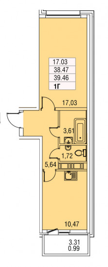 Однокомнатная квартира 39.46 м²