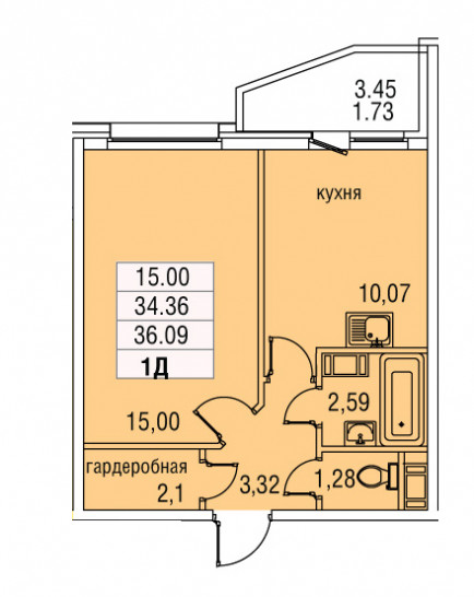 Однокомнатная квартира 36.09 м²