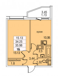 Однокомнатная квартира 35.98 м²